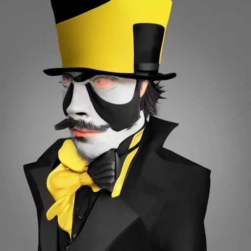 Image similar to a highly detailed portrait of a man in a high top hat covering his face, in a black tailcoat with a yellow waistcoat under the tailcoat, artstation, deviantart, professional, unreal engine 5, photorealistic