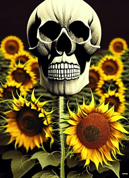 Prompt: skull head in the middle of a sunflower, spooky halloween theme, creepy, cinematic, dramatic, super detailed and intricate, 4 k render, by koson ohara, by darwyn cooke, by satoshi kon