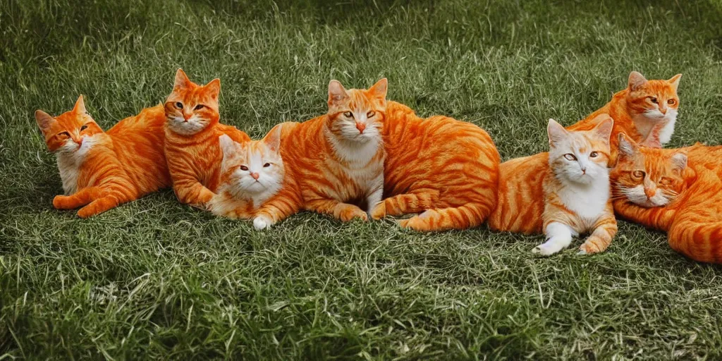 Image similar to three orange cats and two grey cats relaxing in a field