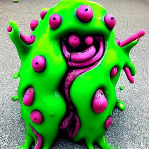 Prompt: a cute and colorful grimy slimepunk ooze monster sculpture