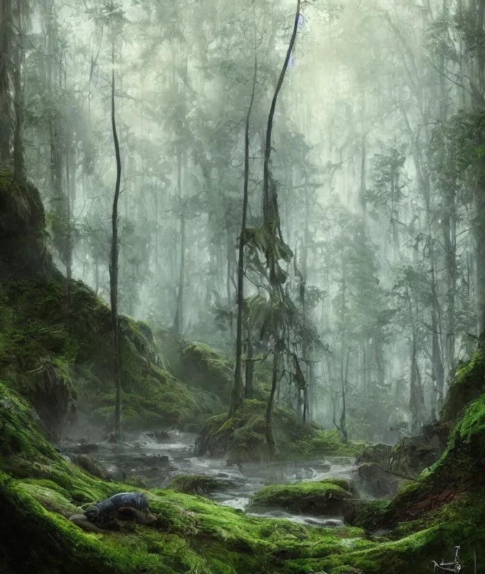 Image similar to most epic landscape, epic cinematic hyperrealism masterpiece. realistic poster with shaded lighting by craig mallismo, artgerm, jeremy lipkin and michael garmash, unreal engine, radiant light, detailed and complex environment, digital art, art station trends, environmental portrait, low angle, 3 5 mm, forest path, jungle, misty, moss, vines, fern