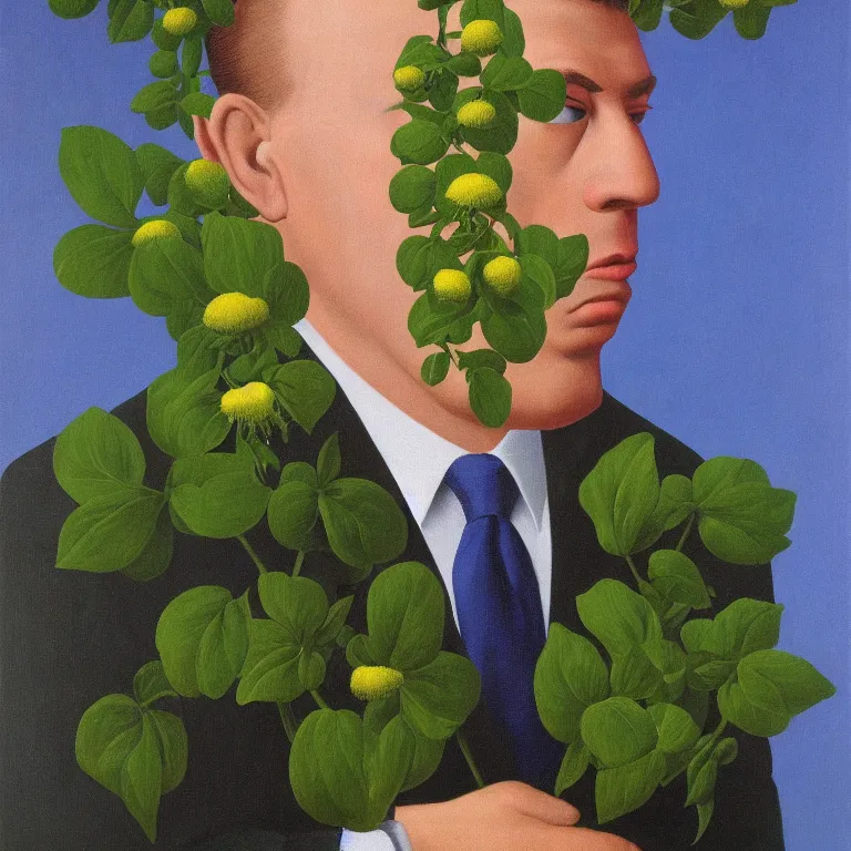 Image similar to portrait of man in a suit with flowers hiding his face by rene magritte, detailed painting, hd, hq, high resolution, high detail, 4 k, 8 k