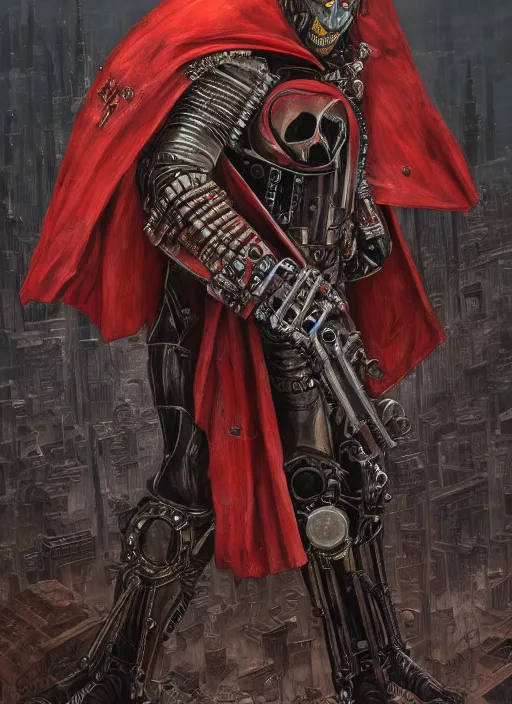 Image similar to portrait of rotten Nicolas Cage as adeptus mechanicus in red hood and robe from Warhammer 40000. Highly detailed, artstation, illustration by and John Blanche and zdislav beksinski and wayne barlowe