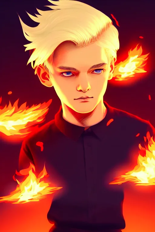 Image similar to character art by ilya kuvshinov, young man, blonde hair, on fire, fire powers