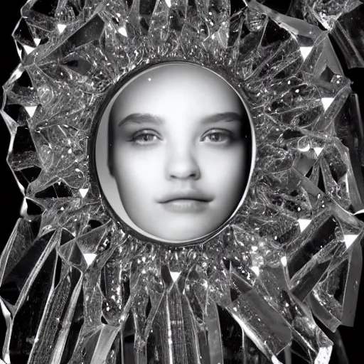 Prompt: a girl made of crystal in a mirror world,