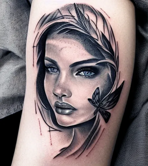 Image similar to tattoo design sketch of a beautiful blue - eyed woman face with a faded background of beautiful mountains and nature on her side, hyper - realistic, in the style of den yakovlev, amazing detail, black and white