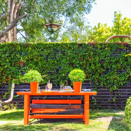 Image similar to fenced in garden, orange brick fence, wood fired bbq and wooden table covered by trellis with vines, bright sunny day, blue skies, no clouds, artistic rendering 8k