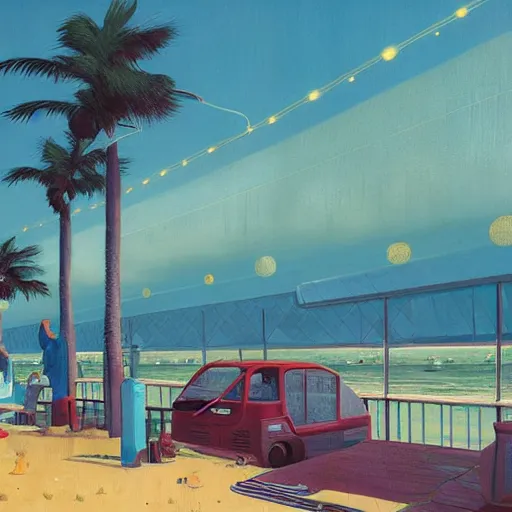 Image similar to inside diner at the beach and palm trees by simon stalenhag