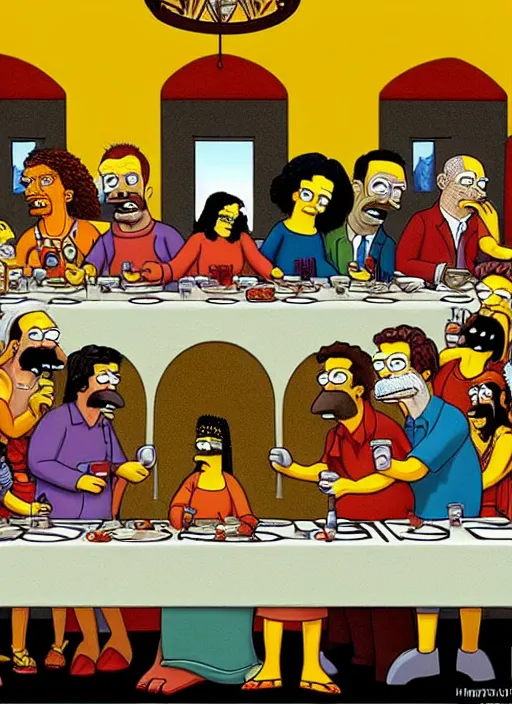 Image similar to the last supper, but with simpsons characters, highly detailed, fine art