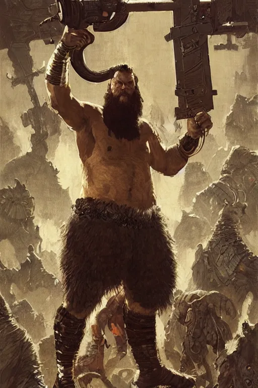 Prompt: pulp scifi fantasy illustration full body portrait marvel superhero viking braun strowman wearing animal skins, by norman rockwell, jack kirby, bergey, craig mullins, ruan jia, jeremy mann, tom lovell, 5 0 s, astounding stories, amazing, fantasy, other worlds