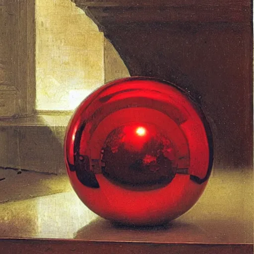 Prompt: chrome spheres on a red cube by eugene de blaas