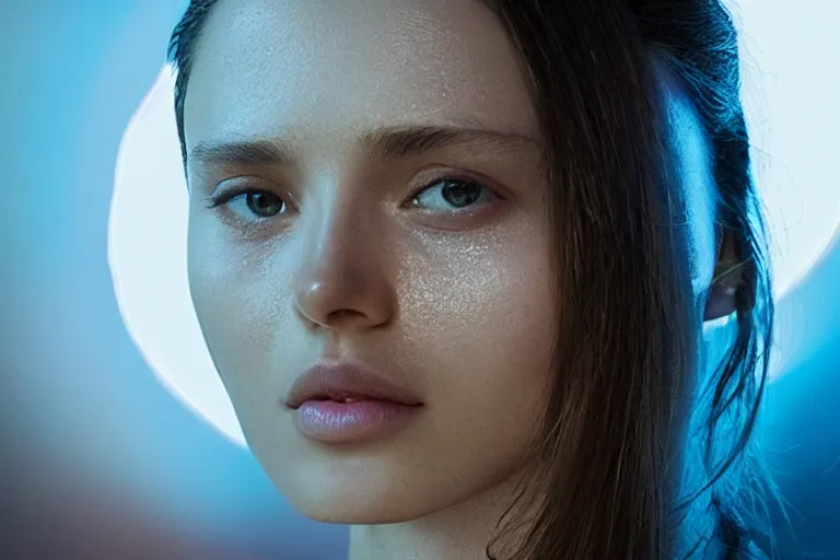 Image similar to VFX movie of a futuristic closeup portrait in high tech compound, beautiful natural skin neon lighting by Emmanuel Lubezki