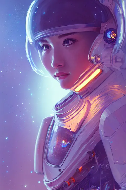 Image similar to portrait armored astronaut girl, floating on spaceship command room viewing galaxy, ssci-fi neon light and fantasy, intricate and very very beautiful and elegant, highly detailed, digital painting, artstation, concept art, smooth and sharp focus, illustration, art by tian zi and WLOP and alphonse mucha