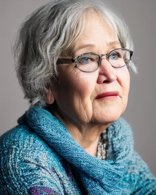 Prompt: A studio photo of Jennifer Lawrence as an old woman, 70 years old, bokeh, 90mm, f/1.4