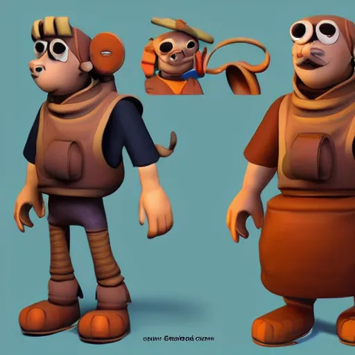 Image similar to character design of a stylized explorer and cartographer in the style of Studio Ghilbi, stylized cartoon texture and modeling 3D