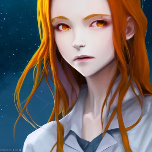 Image similar to portrait of a pale redheaded demon girl with yellow eyes and horns wearing a jacket, galaxy background, highly detailed, digital painting, artstation, matte, by makoto shinkai, animation style, studio ghibli, anime key visual