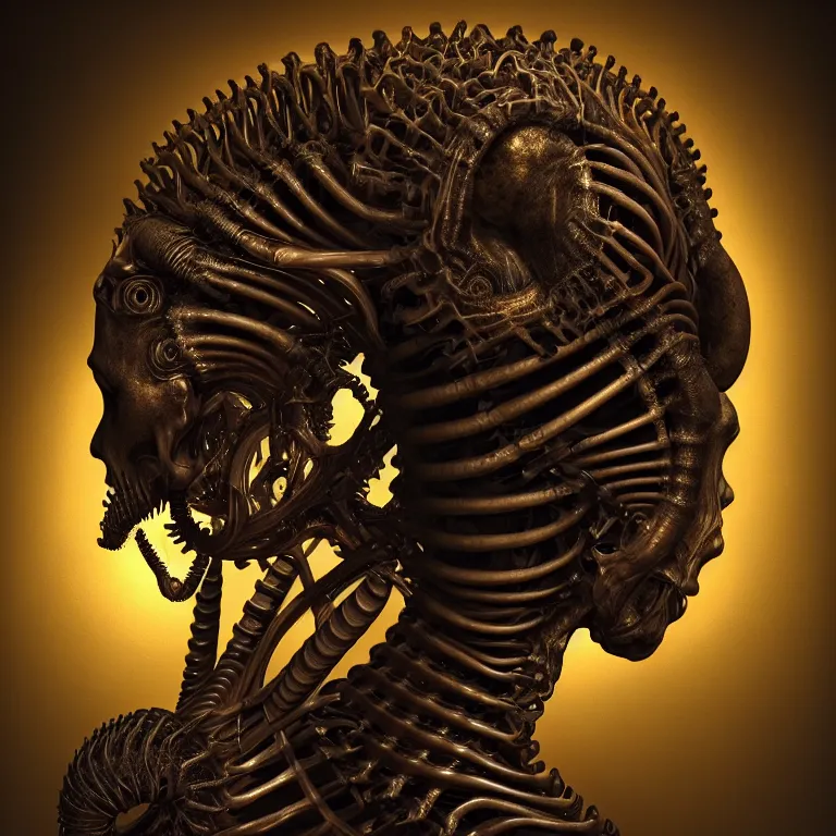 Prompt: biomechanical surreal ribbed spinal dark alien portrait, baroque painting, beautiful detailed intricate insanely detailed octane render, 8K artistic photography, photorealistic, chiaroscuro, Raphael, Caravaggio