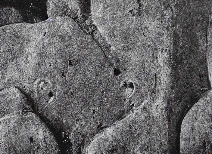Prompt: Closeup photograph of petroglyphs on a boulder, albumen silver print