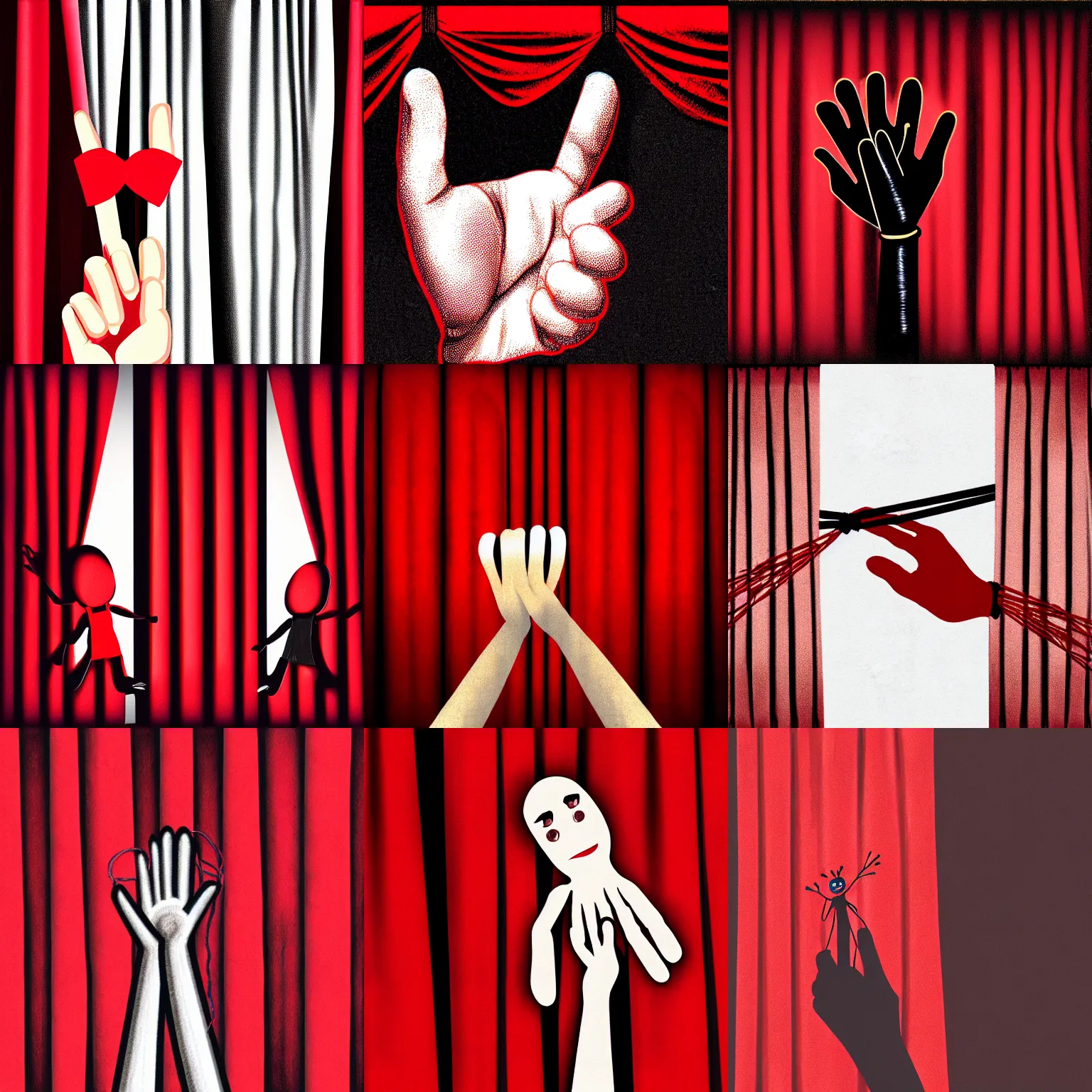 Prompt: Illustration of a hand holding strings puppet behind red curtains, details visible, highly detailed, very dark ambiance, album cover