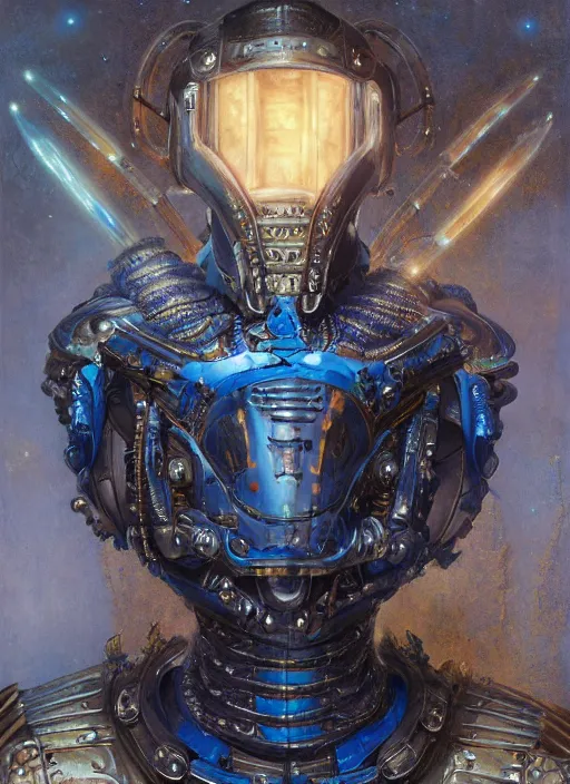 Prompt: formal portrait of a mechanical alien locust warrior wearing plate armor with blue embroidered cloak, long antennae, six glowing blue eyes, fantasy, digital art by eugene de blaas, ross tran, and nasreddine dinet, vibrant color scheme, intricately detailed, in the style of romanticism, cinematic, artstation, greg rutkowski