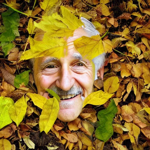 Prompt: an smiling old man hidden under leaves