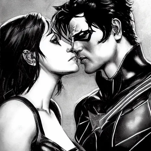 Image similar to close up of nightwing and bat girl kissing in full leather armor, cinematographic shot, by daniel f. gerhartz