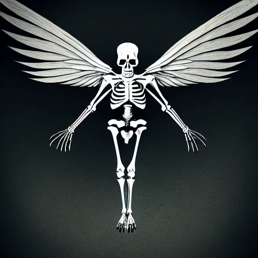 Prompt: a male skeleton with wings, illustration style, symbolic, cinematic, dark and moody scene