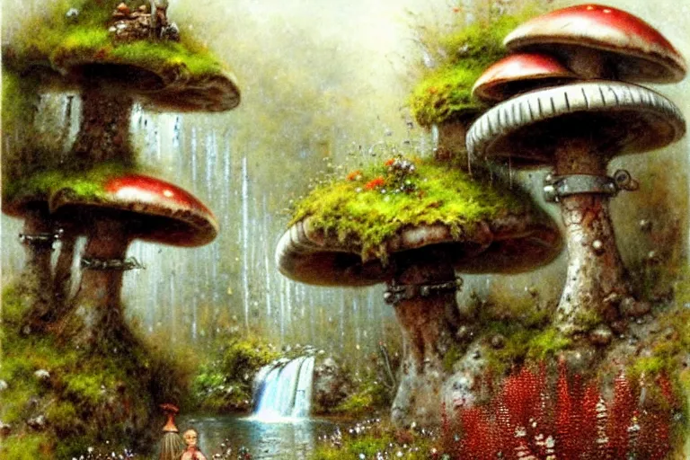 Prompt: adventurer ( ( ( ( ( 1 9 5 0 s retro future steam turbine and mill in forrest of giant mushrooms, moss and flowers stone bridge waterfall. muted colors. ) ) ) ) ) by jean baptiste monge!!!!!!!!!!!!!!!!!!!!!!!!! chrome red