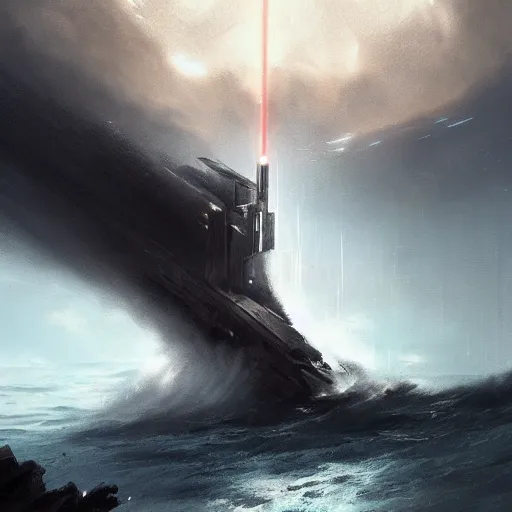 Image similar to star wars concept art by greg rutkowski, a brutalist giant tower in the middle of a raging and stormy ocean, lightning storm and gale force winds, dark environment, dramatic atmosphere, artstation hq.