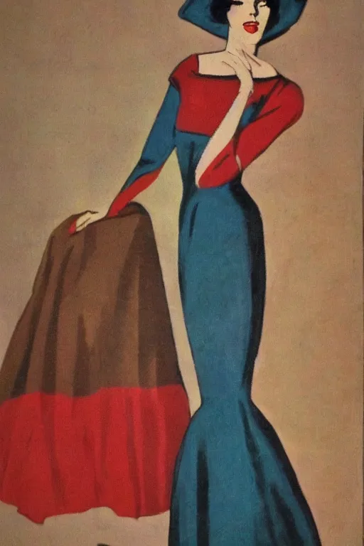 Image similar to beautiful slim and shapely young woman, elegant look, peasant dress, 1960\'s soviet propaganda art