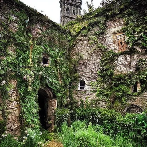 Prompt: overgrown medieval manor, beautiful landscape, very aesthetic!!!!!!!!!!!!!!! *