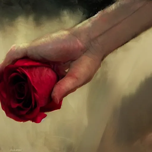 Image similar to hyperrealistic hand holding a red rose by ruan jia and greg rutkowski