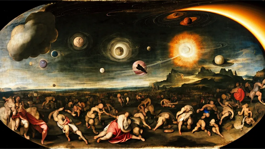 Prompt: planet, by annibale carracci, by anthony van dyck, by pieter bruegel the elder, light painting, ultra - wide angle, technicolor, ray tracing global illumination, destruction, black hole