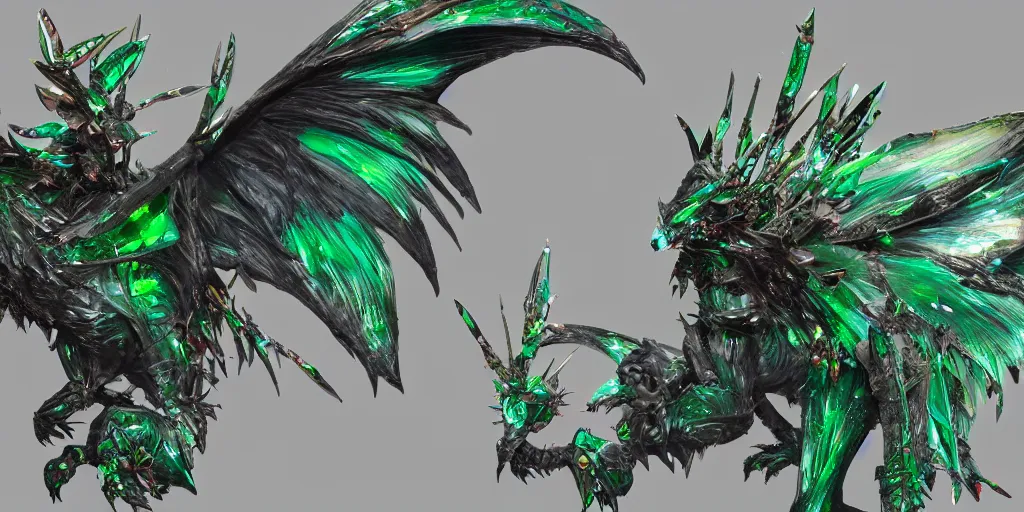 Image similar to Emerald four legged crystal bat, character design sheet, Monster Hunter Illustrations art book, big claws, sharp fangs, huge wings, long tail, iridescent scale patterns, cluster of crystals as spikes on its back, Moebius, Greg Rutkowski, Zabrocki, Karlkka, Jayison Devadas, Phuoc Quan, trending on Artstation, 8K, ultra wide angle, zenith view, pincushion lens effect.