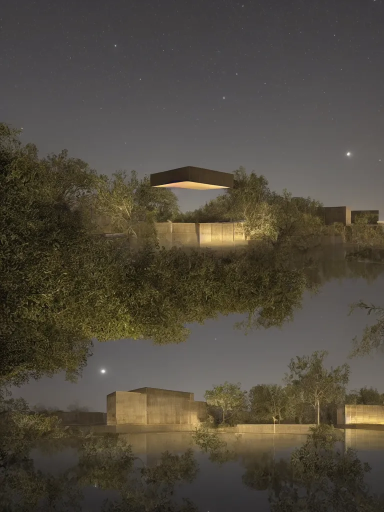 Prompt: a building hovering over a deserted oasis on a moonlit night in the style of peter merzbacher and jacek jerka, dim picturesque illumination of three - dimensional water bodies