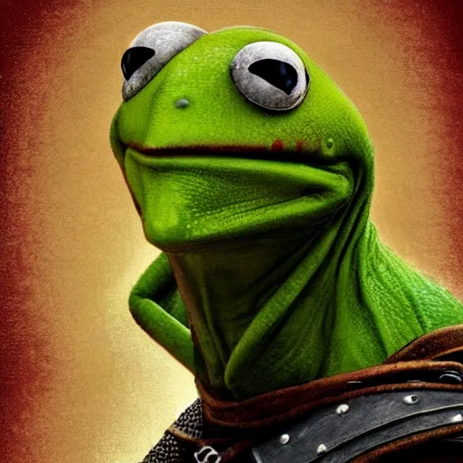 Image similar to Epic Masterpiece head and shoulders portrait of Kermit the frog as Geralt in the Witcher 3 Wild Hunt drawn by Donato Giancola and Tom Bagshaw, Edmund Leighton, Alphonse Mucha, background out of focus tavern, 4k, volumetric lighting, komorebi, trending on artstation, octane render, hyperrealistic