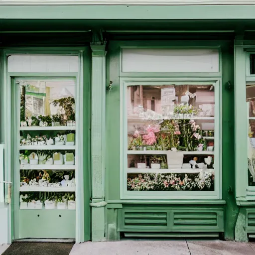 Prompt: A photo of a quaint flower shop storefront with a pastel green and clean white facade and open door and big window