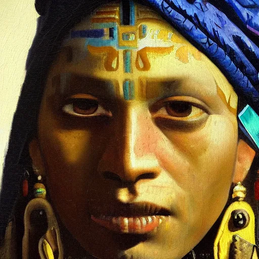 Prompt: high quality high detail painting by johannes vermeer, portrait of a mayan jaguar warrior, hd, photorealistic lighting