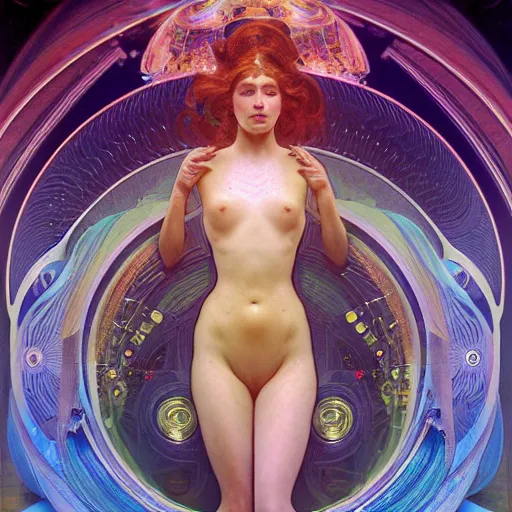 Image similar to a beautiful female machine droid in ocean waves of glossy liquid stardust flowing like psychedelic soap bubble, lsd waves, lsd ripples, backlit, dramatic, refracted lighting, masterpiec volumetric lighting, 8 k octane, beautifully detailed render, post - processing, extremely detailed, intricate, epic composition, cinematic lighting, scifi art nouveau by collier. alphonse mucha