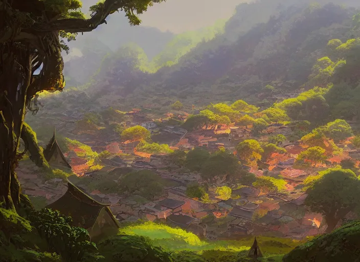 Image similar to concept art painting of a distant small woodland village by a river in a mountain valley seen from above, midnight, european japanese buildings, cel shaded, realistic, by makoto shinkai and moebius and anton fadeev and greg rutkowski and james gurney