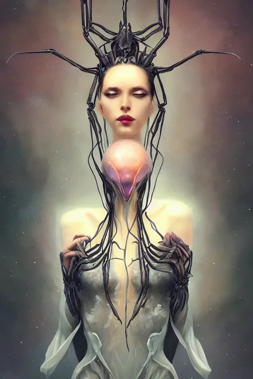 Image similar to portrait of an elegant alien spider queen, long legs, many legs, spindly legs, full body character concept art, by artgerm, tom bagshaw, gerald brom, vaporwave colors, lo - fi colors, vaporwave, lo - fi, moody vibe, goth vibe, 4 k, hd,