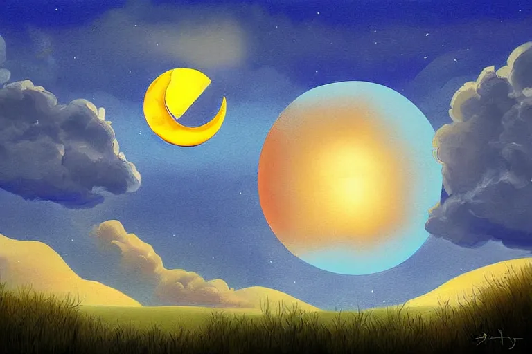 Image similar to sun, moon, sky, digital painting, illustrated by max hay