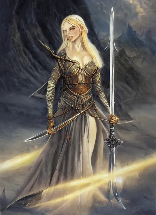 Image similar to female elf armed with two long swords, in the style of tolkien, fantasy art, dramatic lighting, highly detailed oil painting