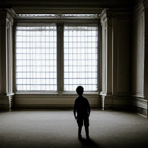 Prompt: a lonely boy in library, old building, big windows, volumetric light, dust particles floating in the air