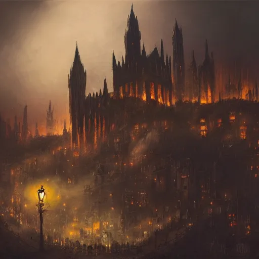 Image similar to fantasy dark medieval gothic cityscape on hill, painting, lights, darkness, lanterns, fog, people in the streets, small buildings, city wall, smoke, dark fantasy, magic the gathering, blue tint, detailed, sharp focus, hyperrealistic, fantastic artwork, 4 k, artstation, high fantasy, volumetric lighting, strong contrast, dark sky, far shot