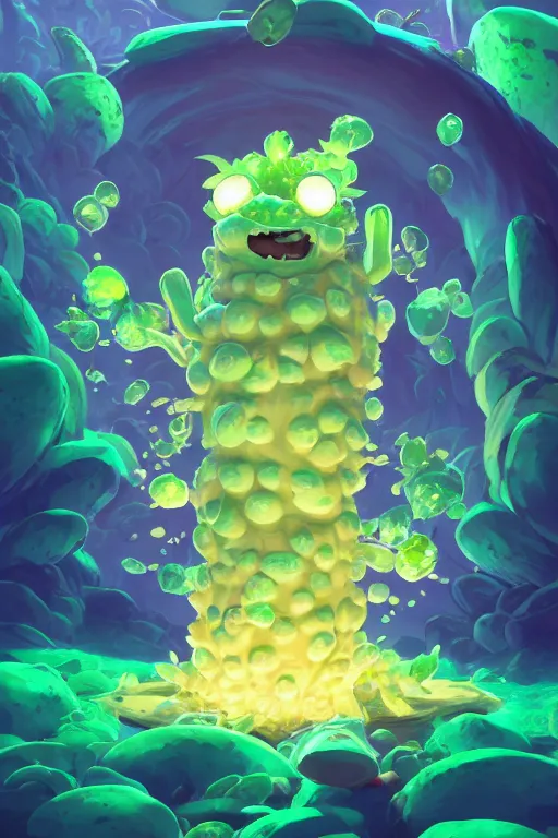 Image similar to roots cactus sushi cristal smurf ghost creature animal sushi cristal very big eye roots cactus elemental flush of force nature micro world fluo fishscale, behance hd by jesper ejsing, by rhads, makoto shinkai and lois van baarle, ilya kuvshinov, rossdraws radiating a glowing aura global illumination ray tracing hdr