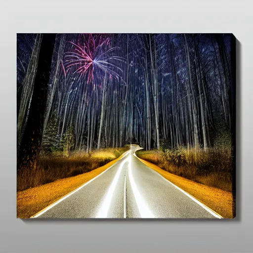 Prompt: a [ bmw 7 ]!! driving on an empty highway at [ night ]!, [ fireworks in the sky ]!!, in a forest, trending on unsplash, [ 4 k photorealism ]!!, [ golden ratio ]!!, centered!!