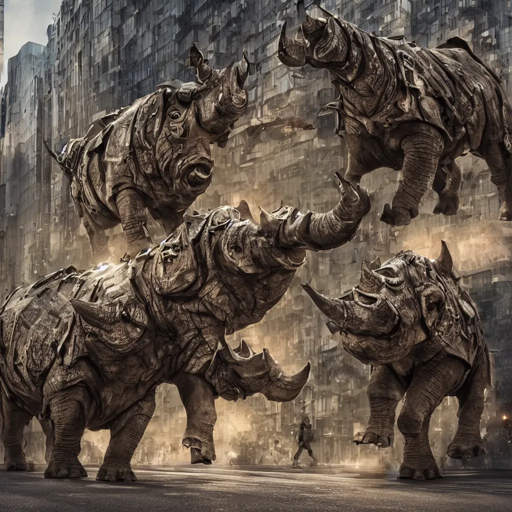 Prompt: a mechanical rhinoceros charging down a city street in Tokyo, ornamental,photorealistic, wide angle, cinematic atmosphere, elaborate, highly detailed, ornate, shiny, dramatic lighting, octane render, style by John Salt,
