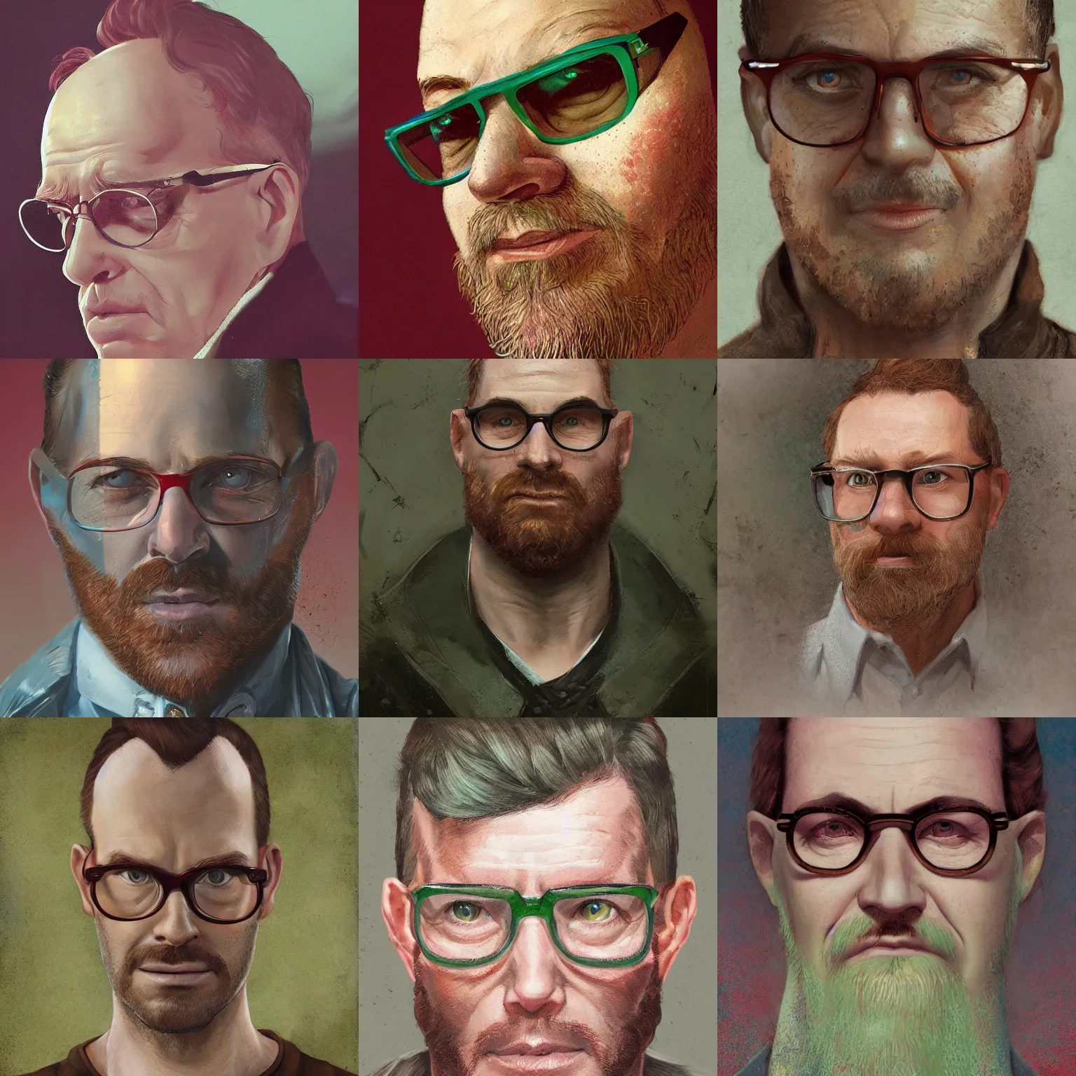Prompt: portrait of a middle age man balding red hair and freckles and wearing glasses with green eyes, 8 k, highly detailed, digital painting, artstation, sharp focus, illustration, by tom bagshaw, greg rutkowski, wlop