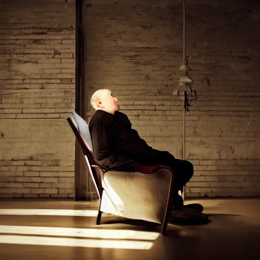 Image similar to old fatman sitting on chair reads book, light stubble, cinematic, dramatic